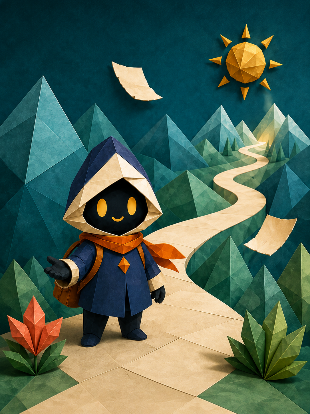 A winding path into the paper mountains, with Qori ready to begin